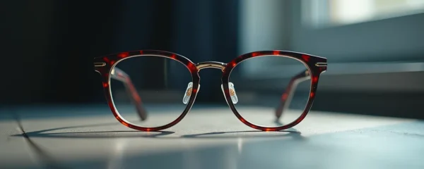 Photo réaliste d'une paire de lunettes de luxe élégantes avec une monture en titane et acétate, éclairage cinématographique mettant en valeur les textures fines et un fond minimaliste avec espace négatif.