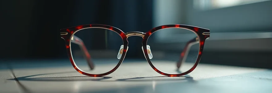 Photo réaliste d'une paire de lunettes de luxe élégantes avec une monture en titane et acétate, éclairage cinématographique mettant en valeur les textures fines et un fond minimaliste avec espace négatif.