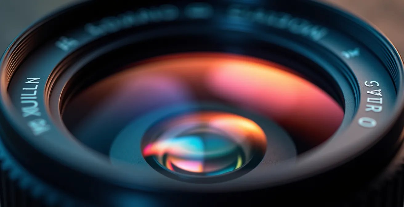 Image macro d’une surface de verre optique traitée avec des couches antireflet visibles au jeu de lumière avec un bokeh naturel.