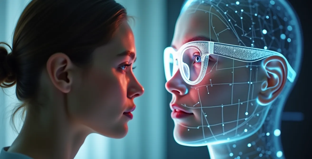 Vue conceptuelle d'un visage humain en scan 3D avec modélisation numérique pour ajustement personnalisé de monture de lunettes.