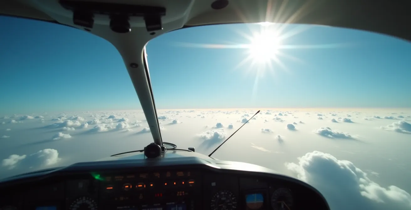 Vue depuis un cockpit d'avion avec instruments de bord flous en premier plan
