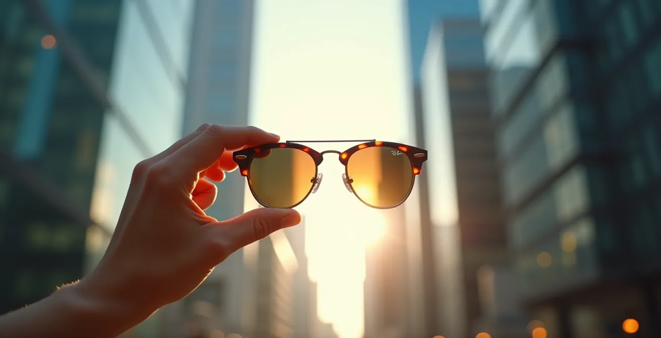 Main tenant des lunettes Ray-Ban devant un paysage urbain moderne