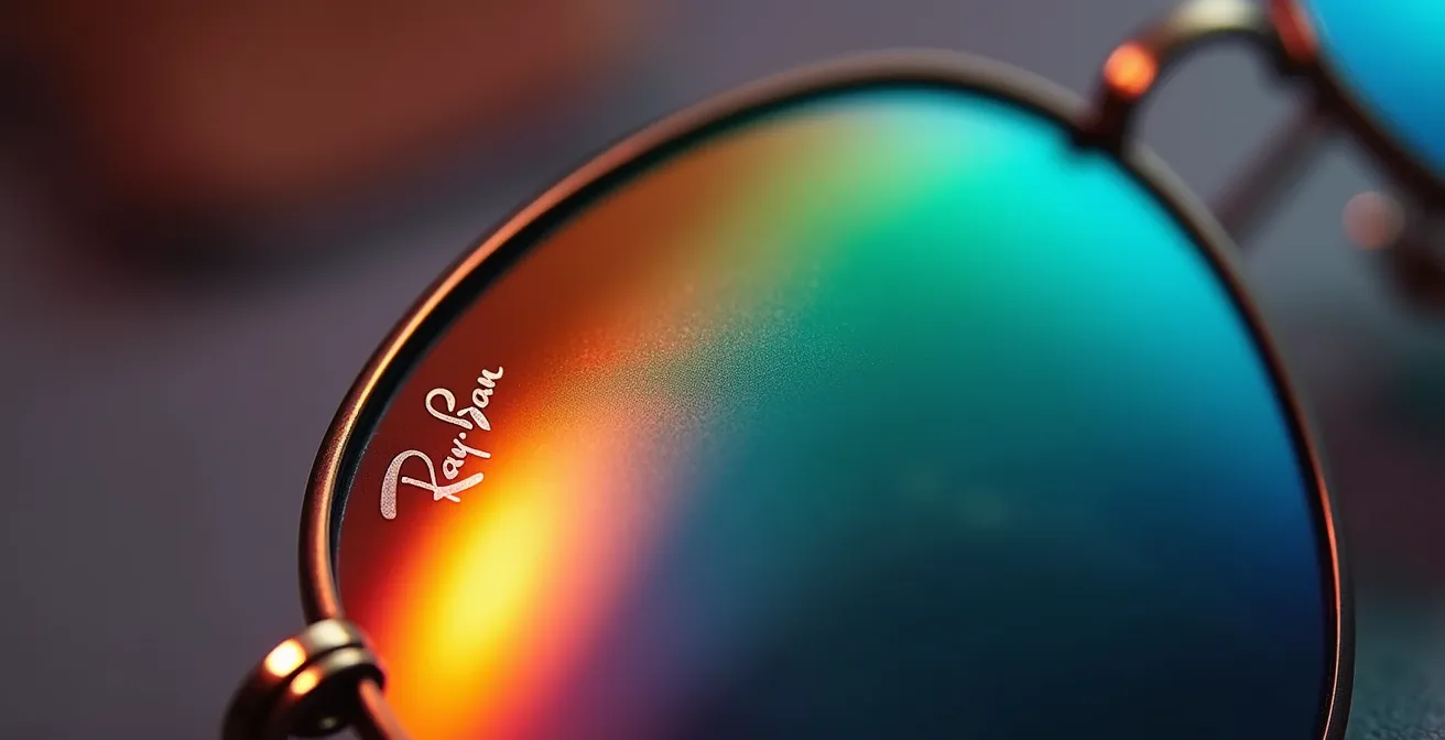 Gros plan macro sur la surface d'un verre Ray-Ban avec jeux de lumière prismatique