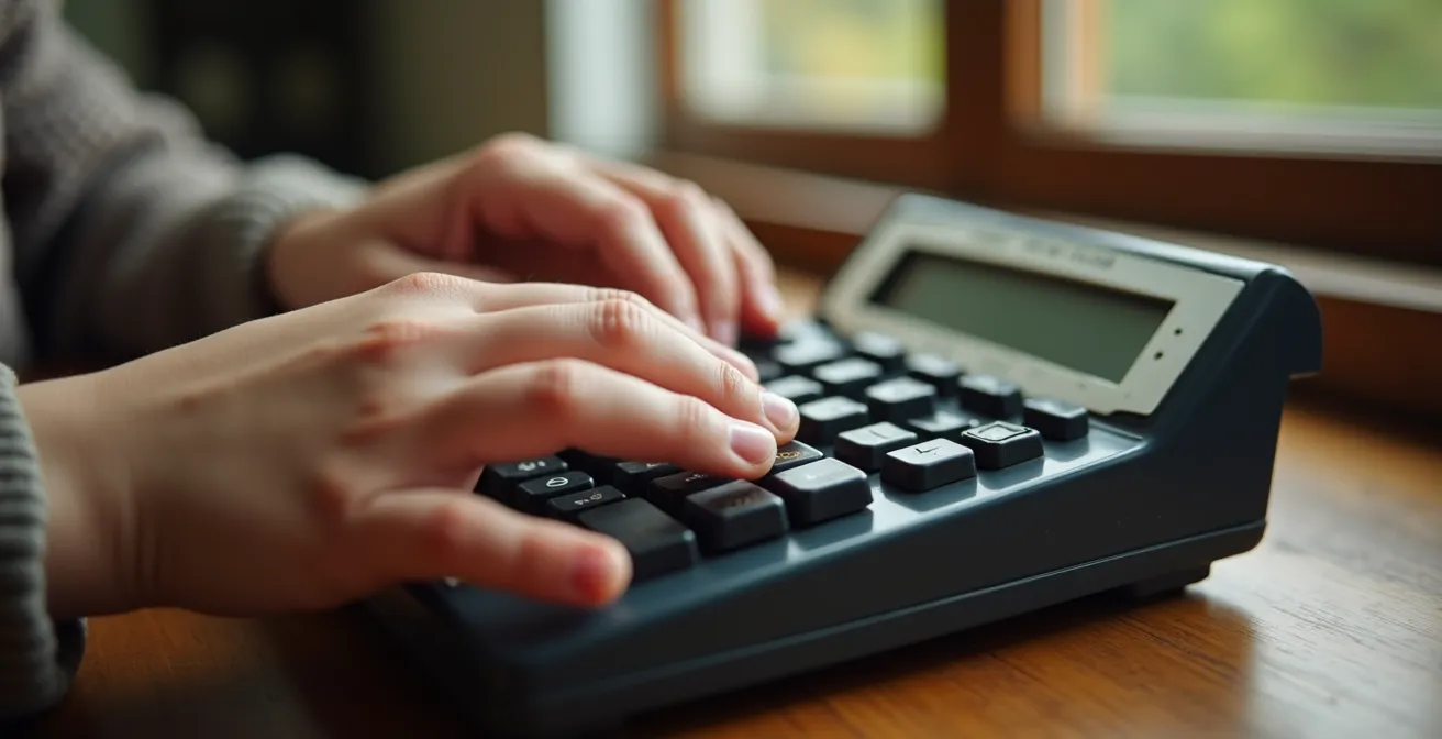 Mains d'adulte et d'enfant manipulant une calculatrice vintage