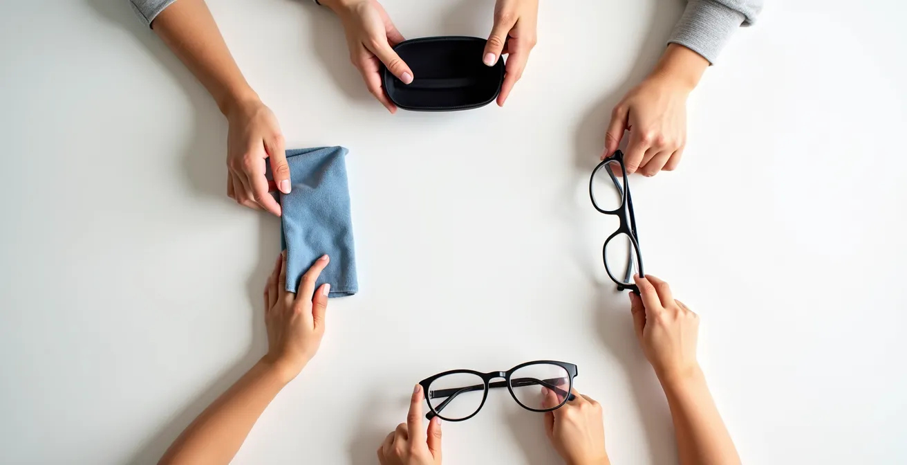 Mains nettoyant délicatement des lunettes d'enfant