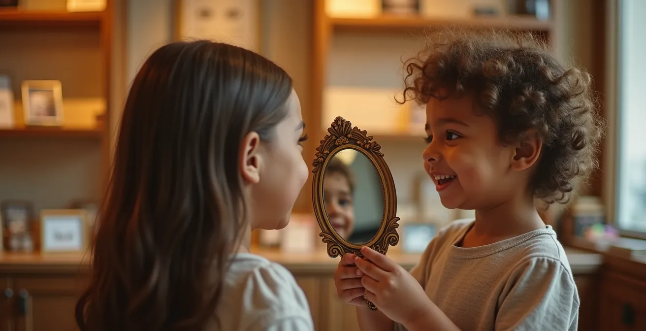 Enfant découvrant son reflet avec ses nouvelles lunettes