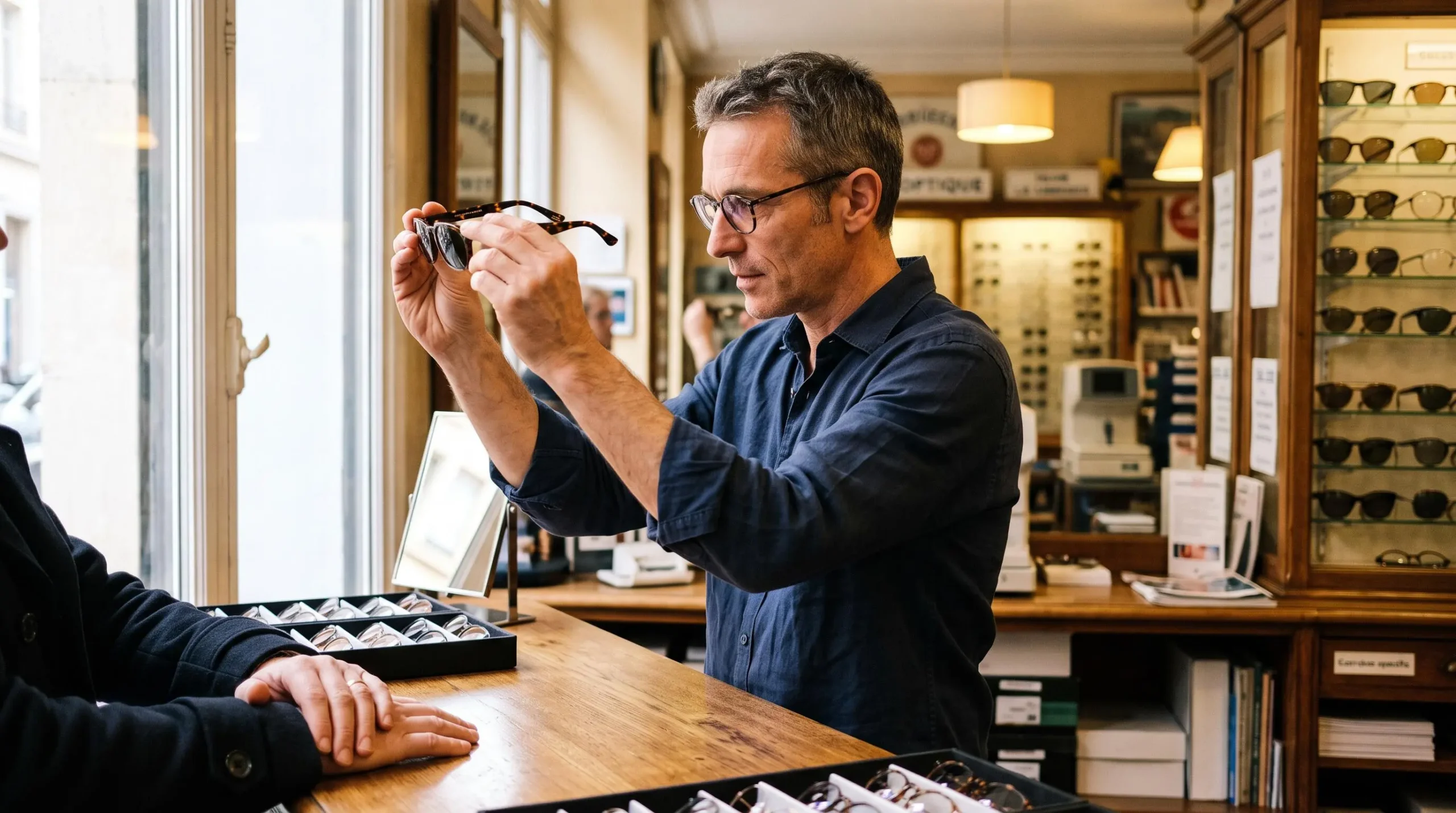 Un opticien examine des lunettes de soleil à la lumière d'une fenêtre dans son magasin.